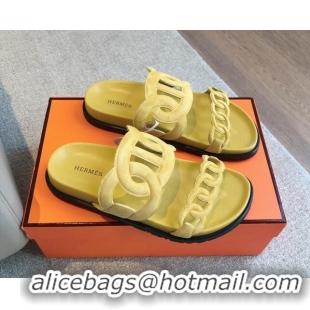 Best Product Hermes Extra Chain Flat Slide Sandals in Suede Yellow 815034