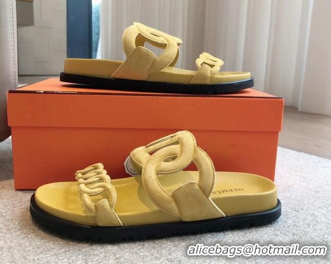 Best Product Hermes Extra Chain Flat Slide Sandals in Suede Yellow 815034