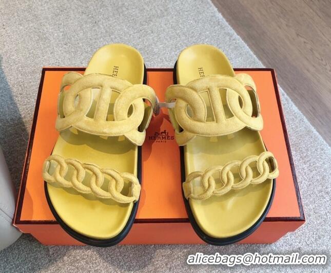 Best Product Hermes Extra Chain Flat Slide Sandals in Suede Yellow 815034