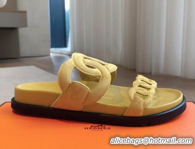 Best Product Hermes Extra Chain Flat Slide Sandals in Suede Yellow 815034