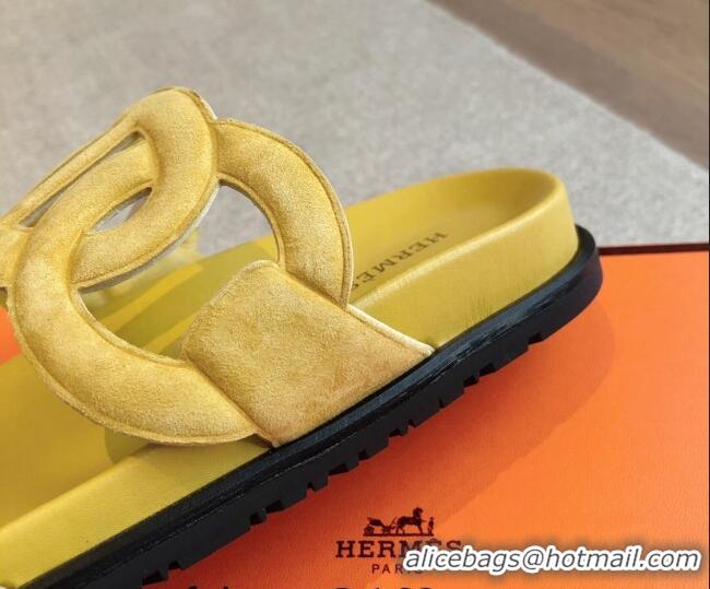 Best Product Hermes Extra Chain Flat Slide Sandals in Suede Yellow 815034