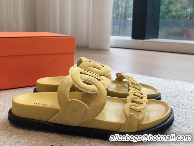 Best Product Hermes Extra Chain Flat Slide Sandals in Suede Yellow 815034