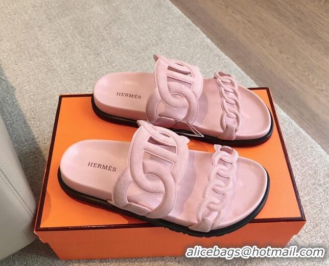 Top Design Hermes Extra Chain Flat Slide Sandals in Suede Pink Upper 815035