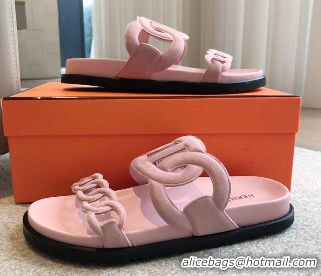 Top Design Hermes Extra Chain Flat Slide Sandals in Suede Pink Upper 815035