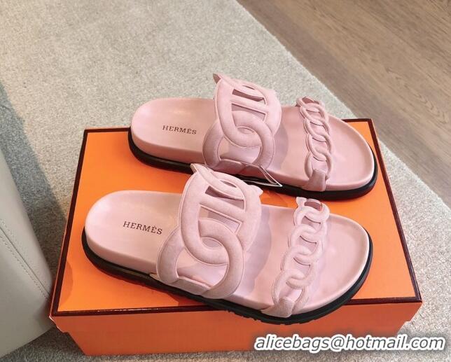 Top Design Hermes Extra Chain Flat Slide Sandals in Suede Pink Upper 815035