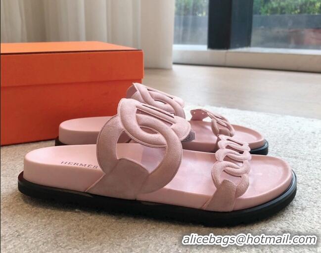 Top Design Hermes Extra Chain Flat Slide Sandals in Suede Pink Upper 815035