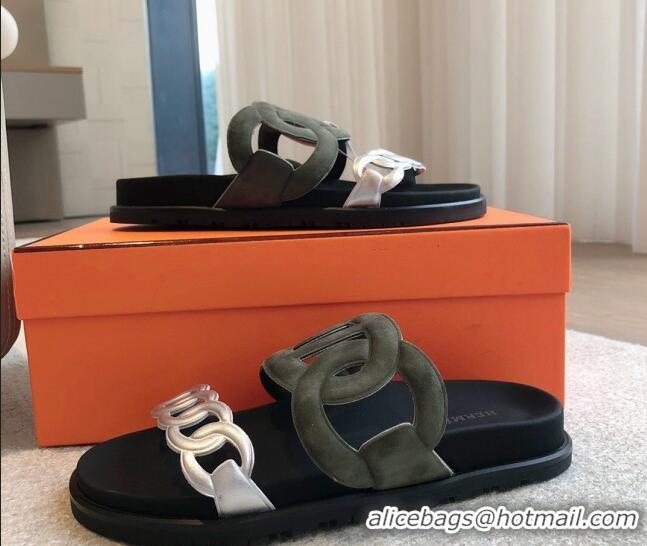 Shop Duplicate Hermes Extra Chain Flat Slide Sandals in Suede and Calfskin Green/Silver 815036