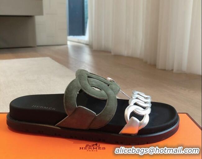 Shop Duplicate Hermes Extra Chain Flat Slide Sandals in Suede and Calfskin Green/Silver 815036