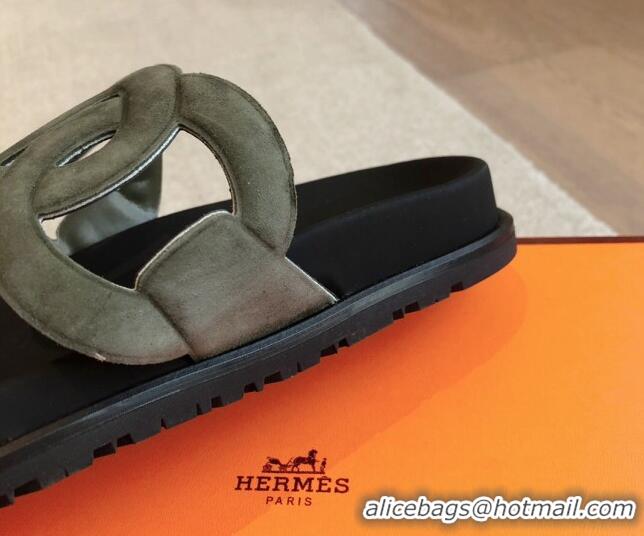 Shop Duplicate Hermes Extra Chain Flat Slide Sandals in Suede and Calfskin Green/Silver 815036