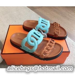 Pretty Style Hermes Extra Chain Flat Slide Sandals in Suede Blue/Brown 815037