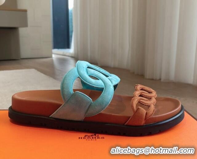 Pretty Style Hermes Extra Chain Flat Slide Sandals in Suede Blue/Brown 815037