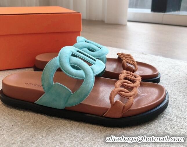 Pretty Style Hermes Extra Chain Flat Slide Sandals in Suede Blue/Brown 815037