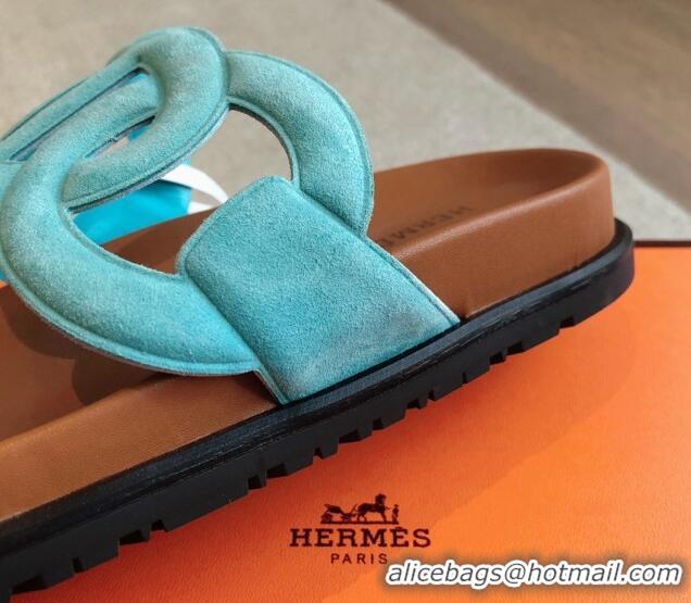 Pretty Style Hermes Extra Chain Flat Slide Sandals in Suede Blue/Brown 815037