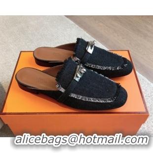 Buy Luxury Hermes Oz Flat Mules in Fringe Denim Black 815038