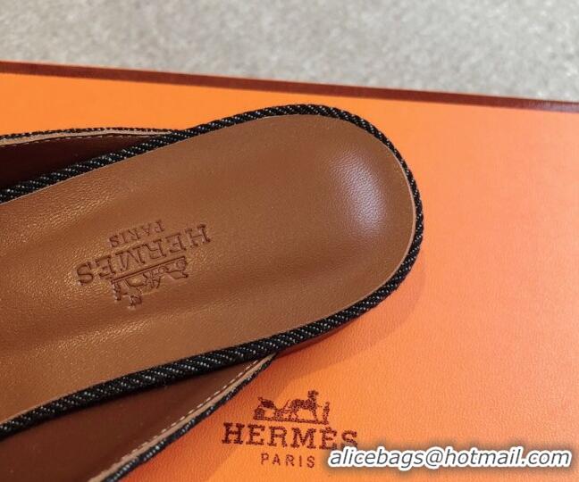 Buy Luxury Hermes Oz Flat Mules in Fringe Denim Black 815038