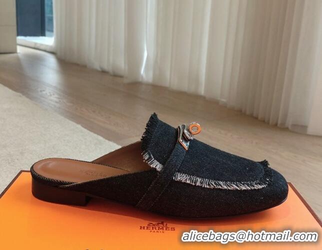 Buy Luxury Hermes Oz Flat Mules in Fringe Denim Black 815038