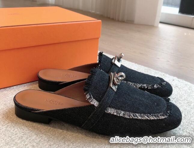 Buy Luxury Hermes Oz Flat Mules in Fringe Denim Black 815038