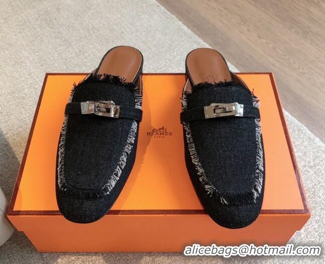 Buy Luxury Hermes Oz Flat Mules in Fringe Denim Black 815038