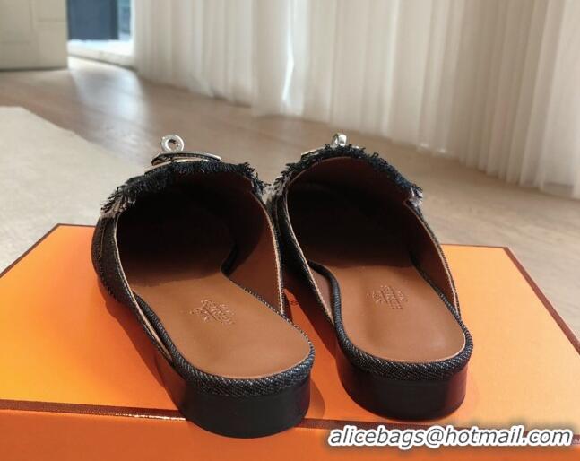 Buy Luxury Hermes Oz Flat Mules in Fringe Denim Black 815038