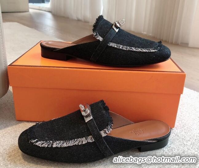 Buy Luxury Hermes Oz Flat Mules in Fringe Denim Black 815038