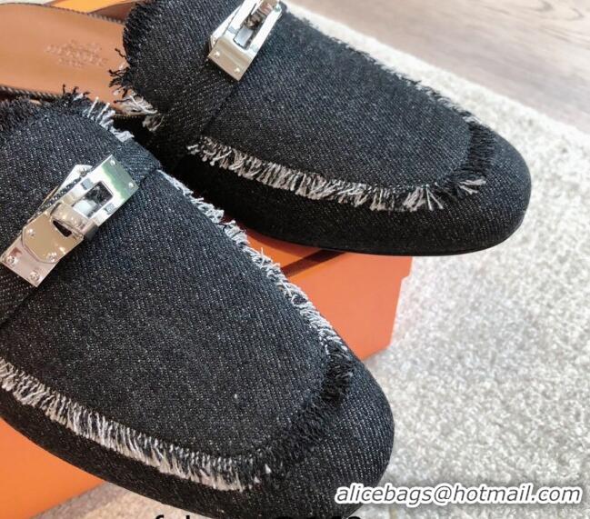 Buy Luxury Hermes Oz Flat Mules in Fringe Denim Black 815038