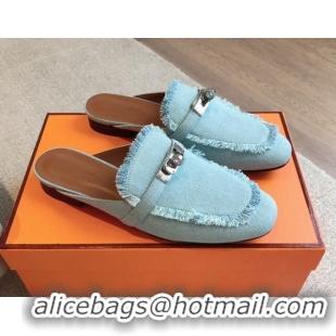 Grade Quality Hermes Oz Flat Mules in Fringe Denim Light Blue 815039