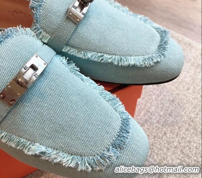 Grade Quality Hermes Oz Flat Mules in Fringe Denim Light Blue 815039