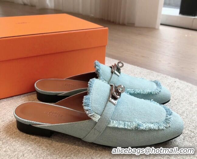 Grade Quality Hermes Oz Flat Mules in Fringe Denim Light Blue 815039