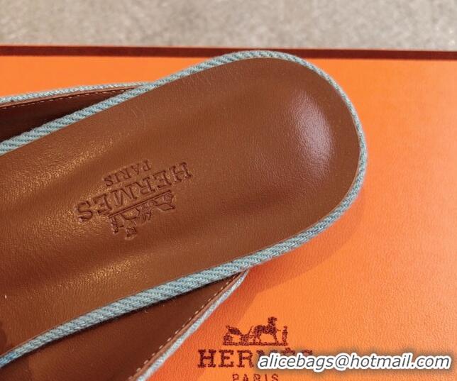 Grade Quality Hermes Oz Flat Mules in Fringe Denim Light Blue 815039