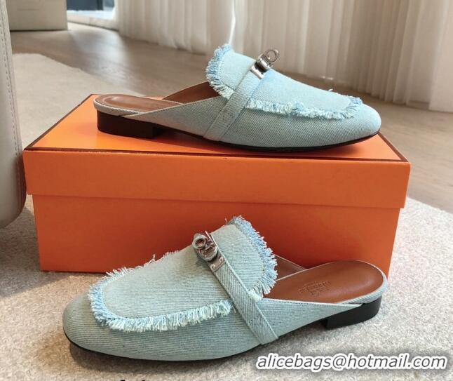 Grade Quality Hermes Oz Flat Mules in Fringe Denim Light Blue 815039