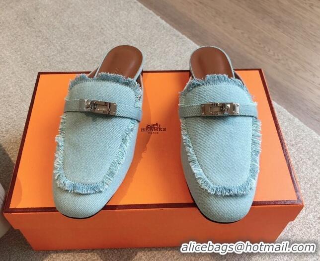 Grade Quality Hermes Oz Flat Mules in Fringe Denim Light Blue 815039