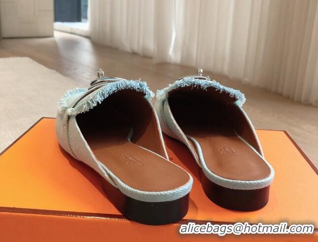 Grade Quality Hermes Oz Flat Mules in Fringe Denim Light Blue 815039