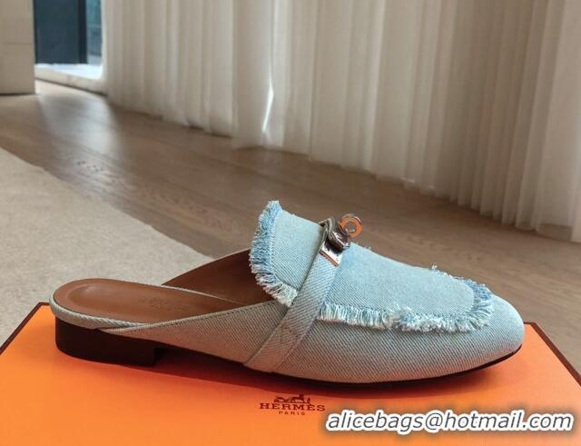 Grade Quality Hermes Oz Flat Mules in Fringe Denim Light Blue 815039