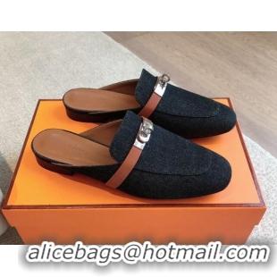 Best Price Hermes Oz Flat Mules in Denim Black/Brown 815040