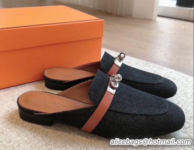 Best Price Hermes Oz Flat Mules in Denim Black/Brown 815040