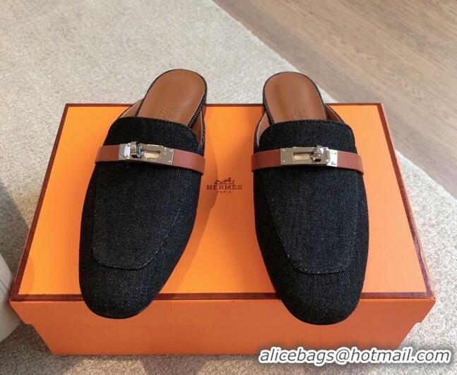 Best Price Hermes Oz Flat Mules in Denim Black/Brown 815040