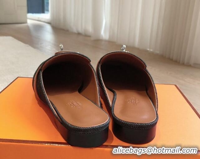 Best Price Hermes Oz Flat Mules in Denim Black/Brown 815040