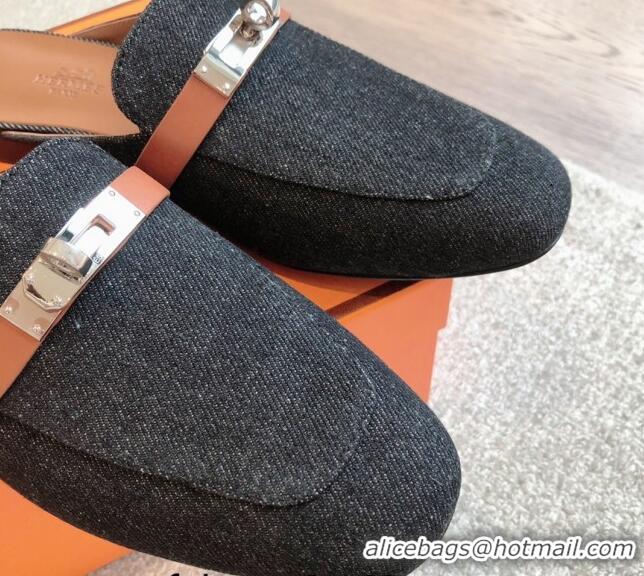 Best Price Hermes Oz Flat Mules in Denim Black/Brown 815040