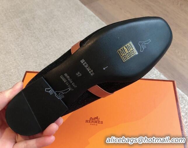 Best Price Hermes Oz Flat Mules in Denim Black/Brown 815040