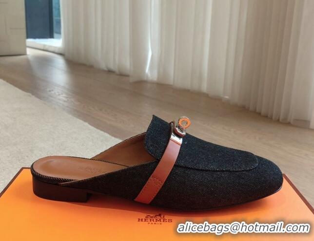 Best Price Hermes Oz Flat Mules in Denim Black/Brown 815040