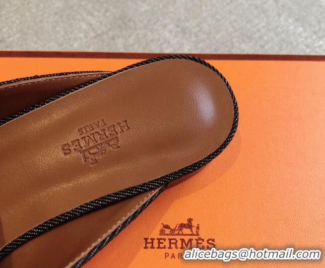 Best Price Hermes Oz Flat Mules in Denim Black/Brown 815040