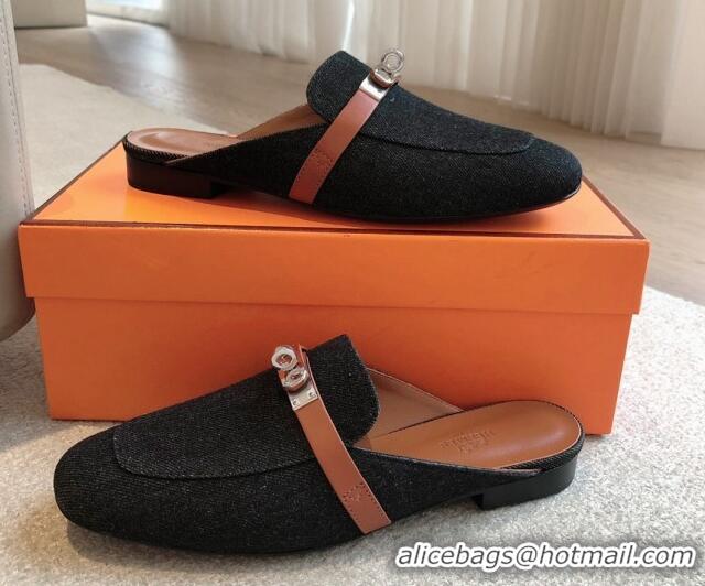 Best Price Hermes Oz Flat Mules in Denim Black/Brown 815040