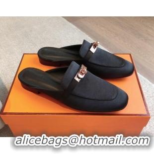 Stylish Hermes Oz Flat Mules in Satin Black 815041