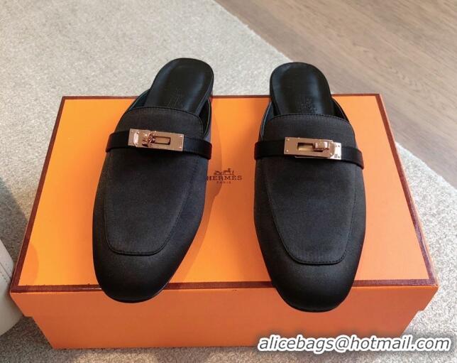 Stylish Hermes Oz Flat Mules in Satin Black 815041