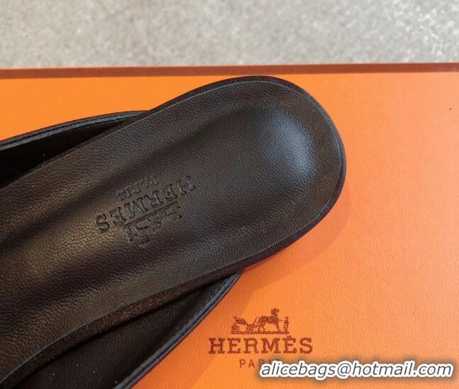 Stylish Hermes Oz Flat Mules in Satin Black 815041