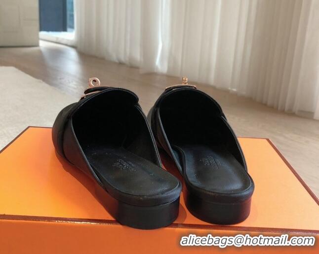 Stylish Hermes Oz Flat Mules in Satin Black 815041