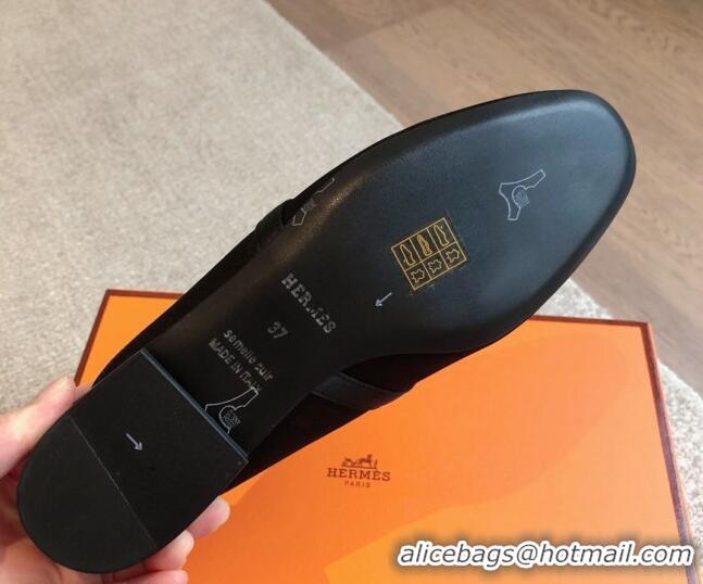 Stylish Hermes Oz Flat Mules in Satin Black 815041