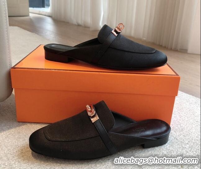 Stylish Hermes Oz Flat Mules in Satin Black 815041