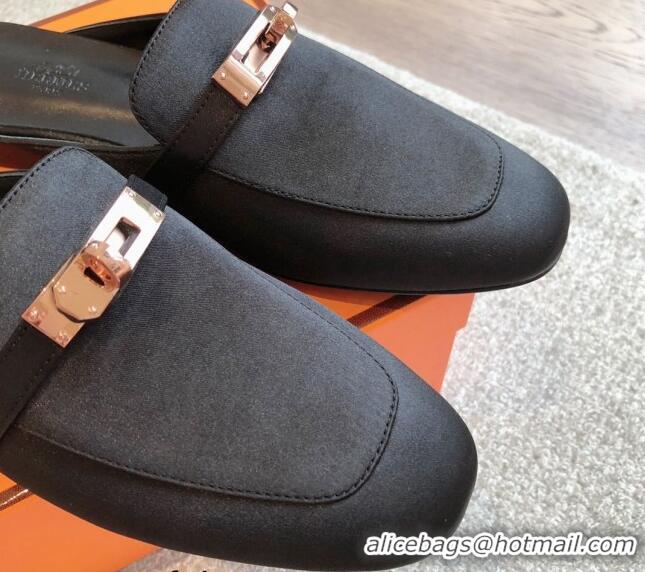 Stylish Hermes Oz Flat Mules in Satin Black 815041