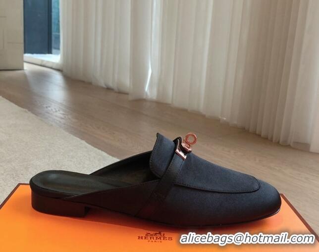 Stylish Hermes Oz Flat Mules in Satin Black 815041